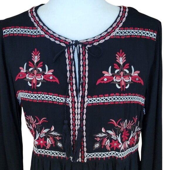 beachlunchlounge Peasant Embroidered Black Boho Mini Dress Size M - Picture 11 of 16